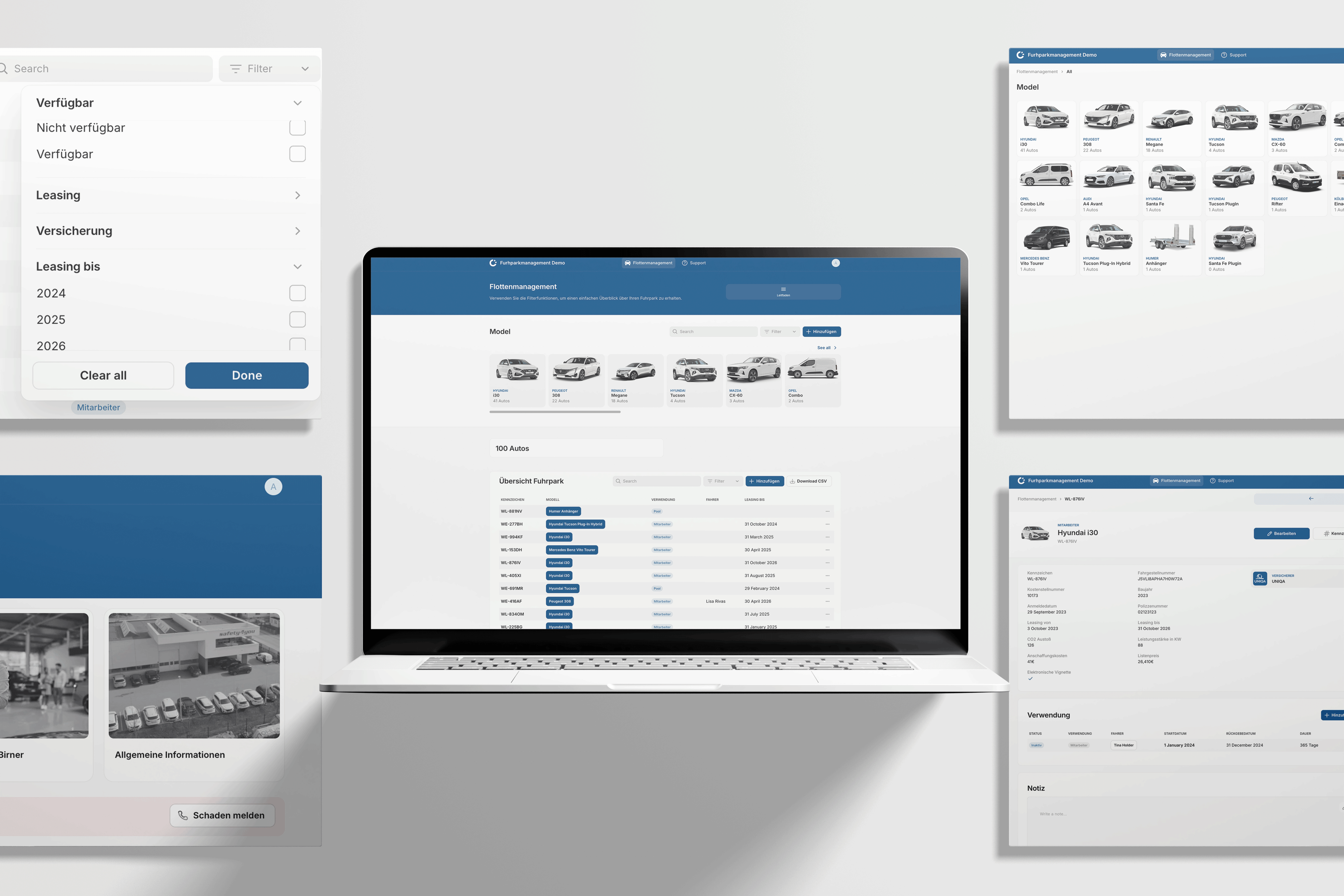 The fleet module of the app, with every car grouped by model, a searchable fleet table and a page for each car. Demo version.